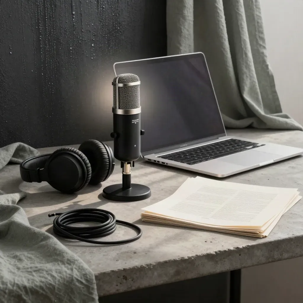 Podcast mic, headphones, laptop and print proofs in moody morning studio light.