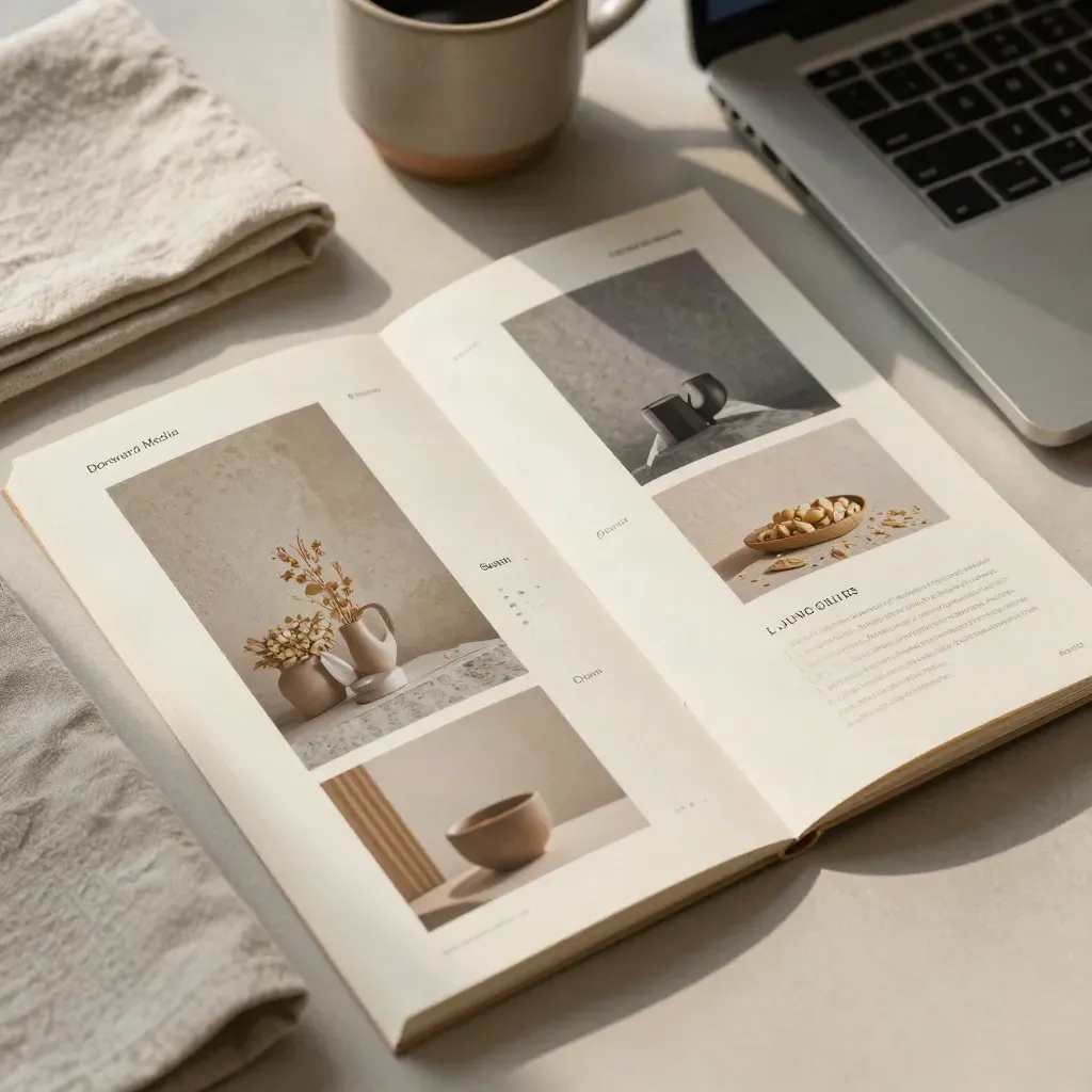 Overhead brand strategy flatlay with homepage sheets, mood refs, laptop, coffee and linen swatch.