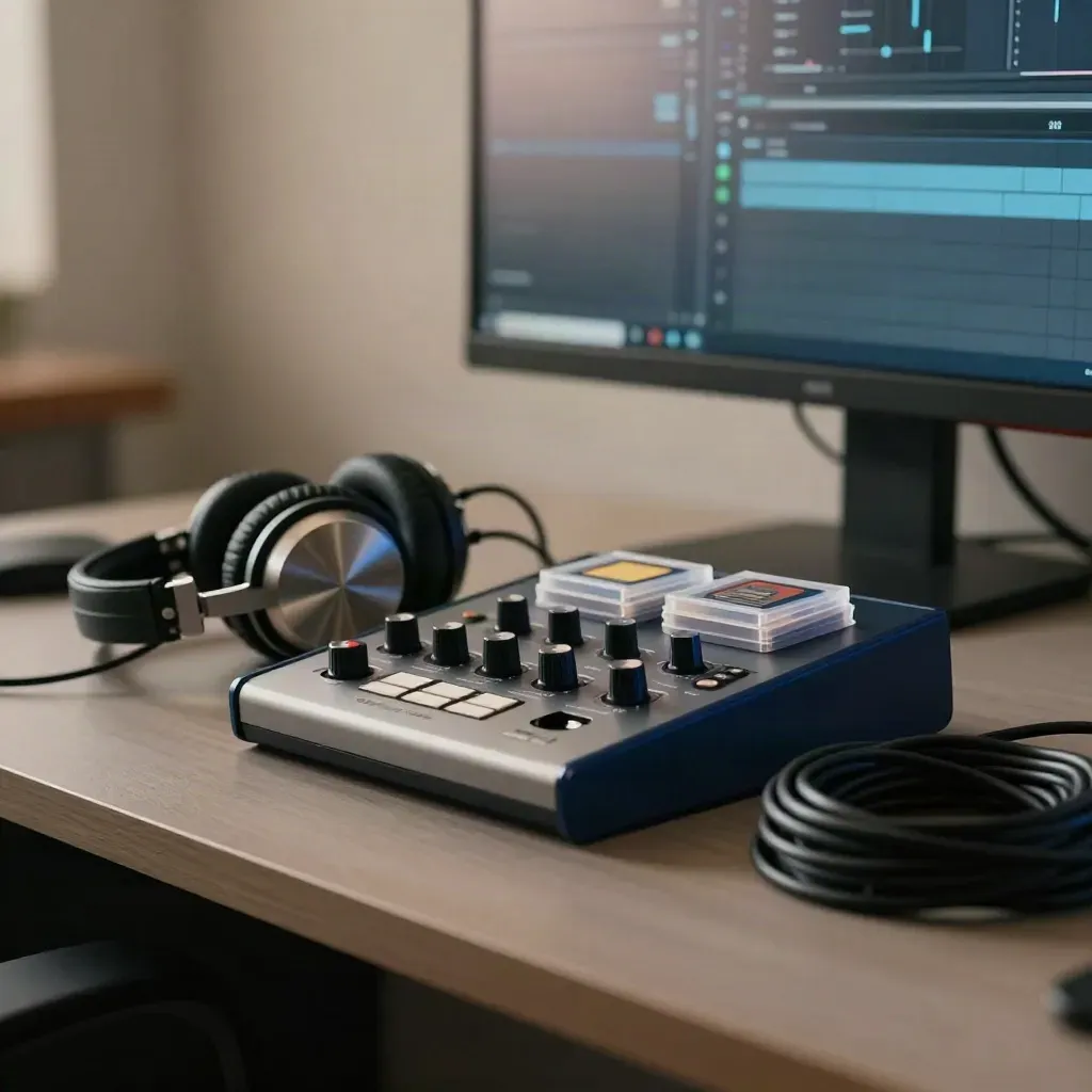 Podcast headphones and audio gear on a dim edit station with a soft monitor glow.