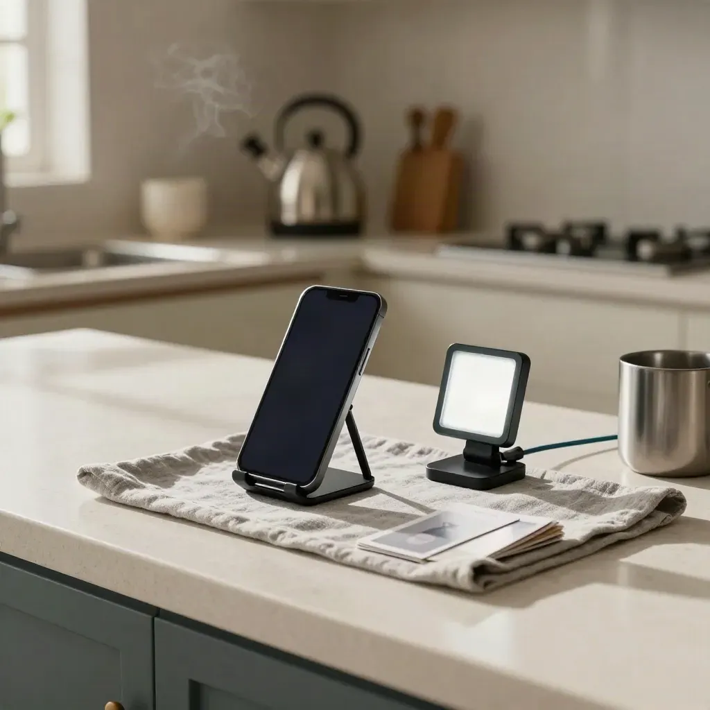Phone rig staged on a bright kitchen counter with mic, LED panel, cards, and steam.