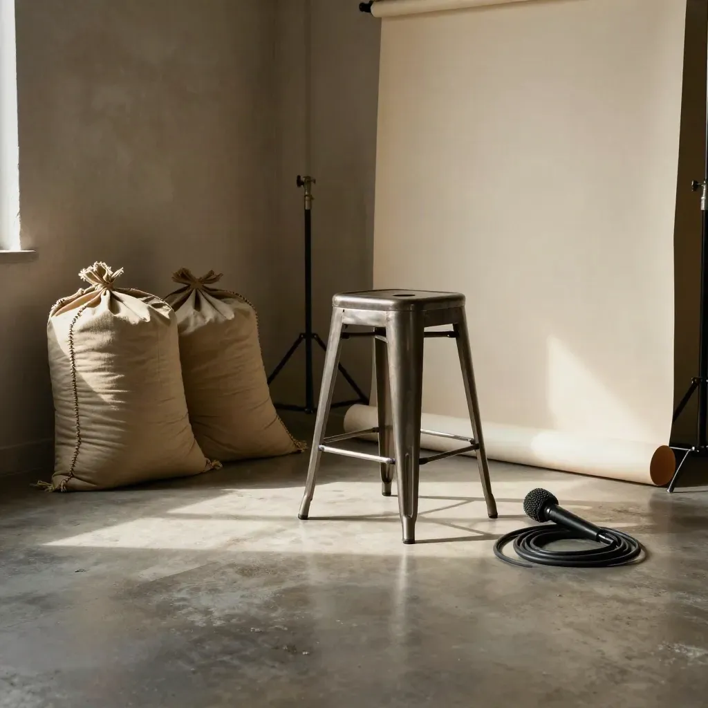 Floor-level studio corner with stands, sandbags, stool, mic, and rolled backdrop in warm sun.