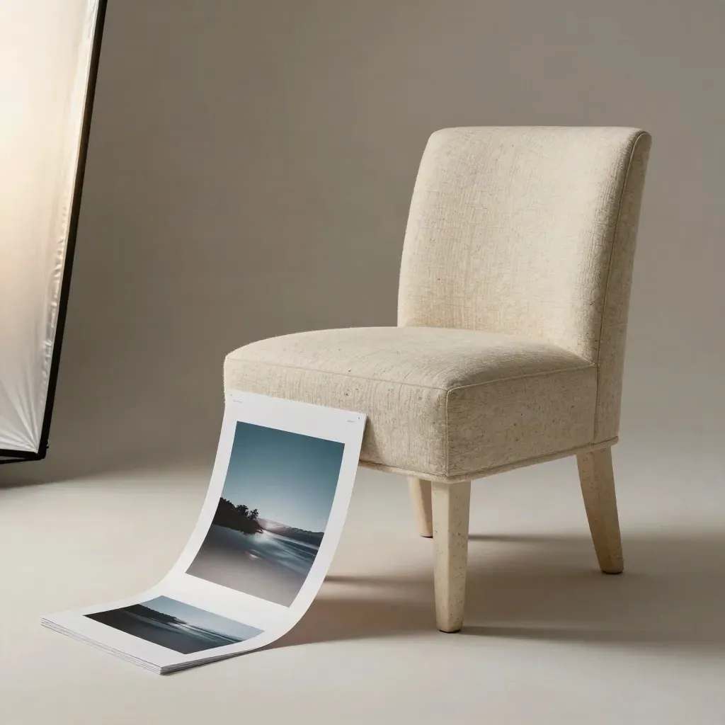 Portrait chair, reflector, and face-down test prints in a quiet studio setup.