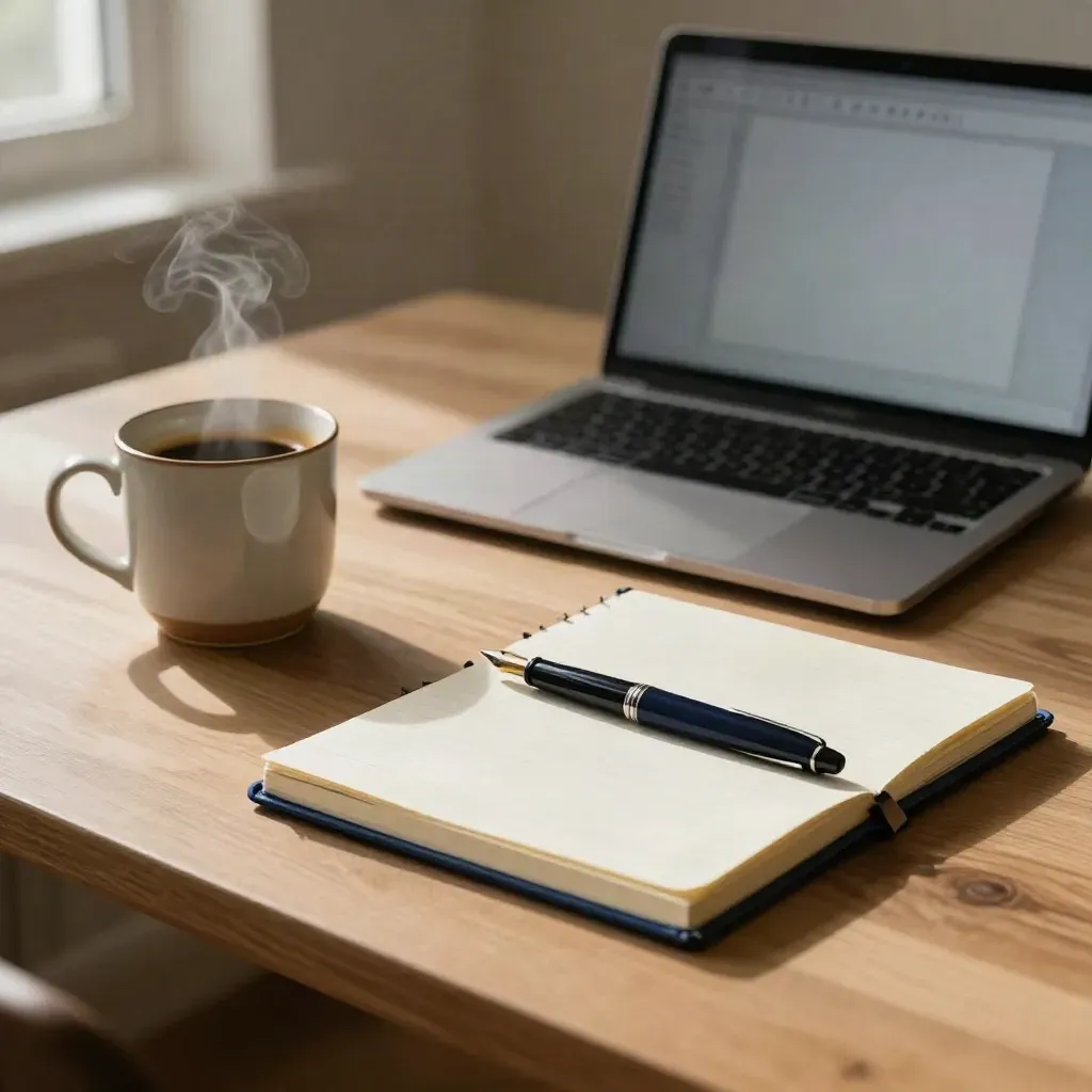 Laptop, pen, tabs, notebook and mug on a pale wood desk in soft morning haze.