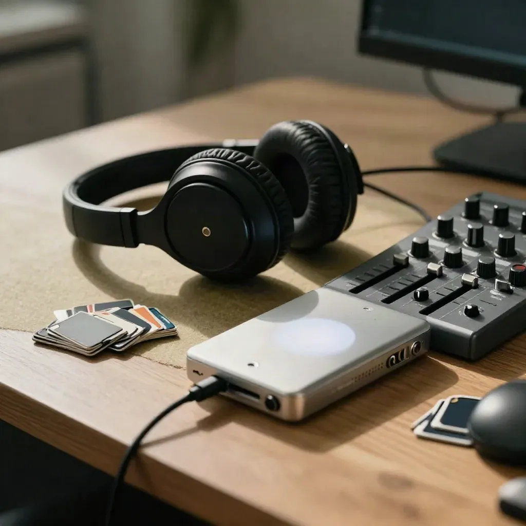 Headphones, recorder, mixer, and memory cards on an editing table in dramatic light.