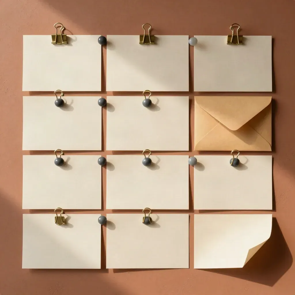 Overhead planning grid with cards, brass clips, pins, and small envelopes on warm terracotta.