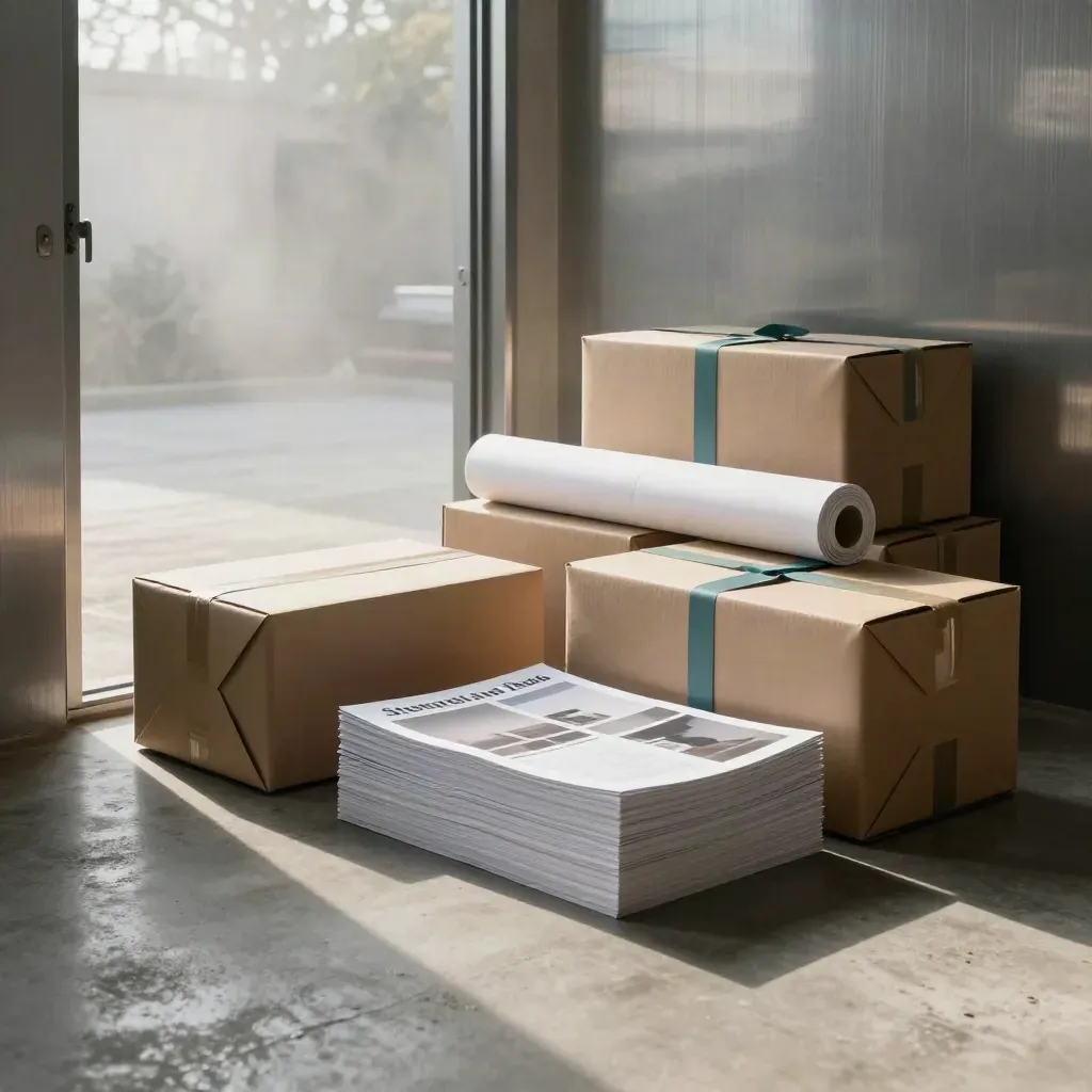 Launch boxes, backdrop rolls and print proofs wait by a studio door in dawn mist.