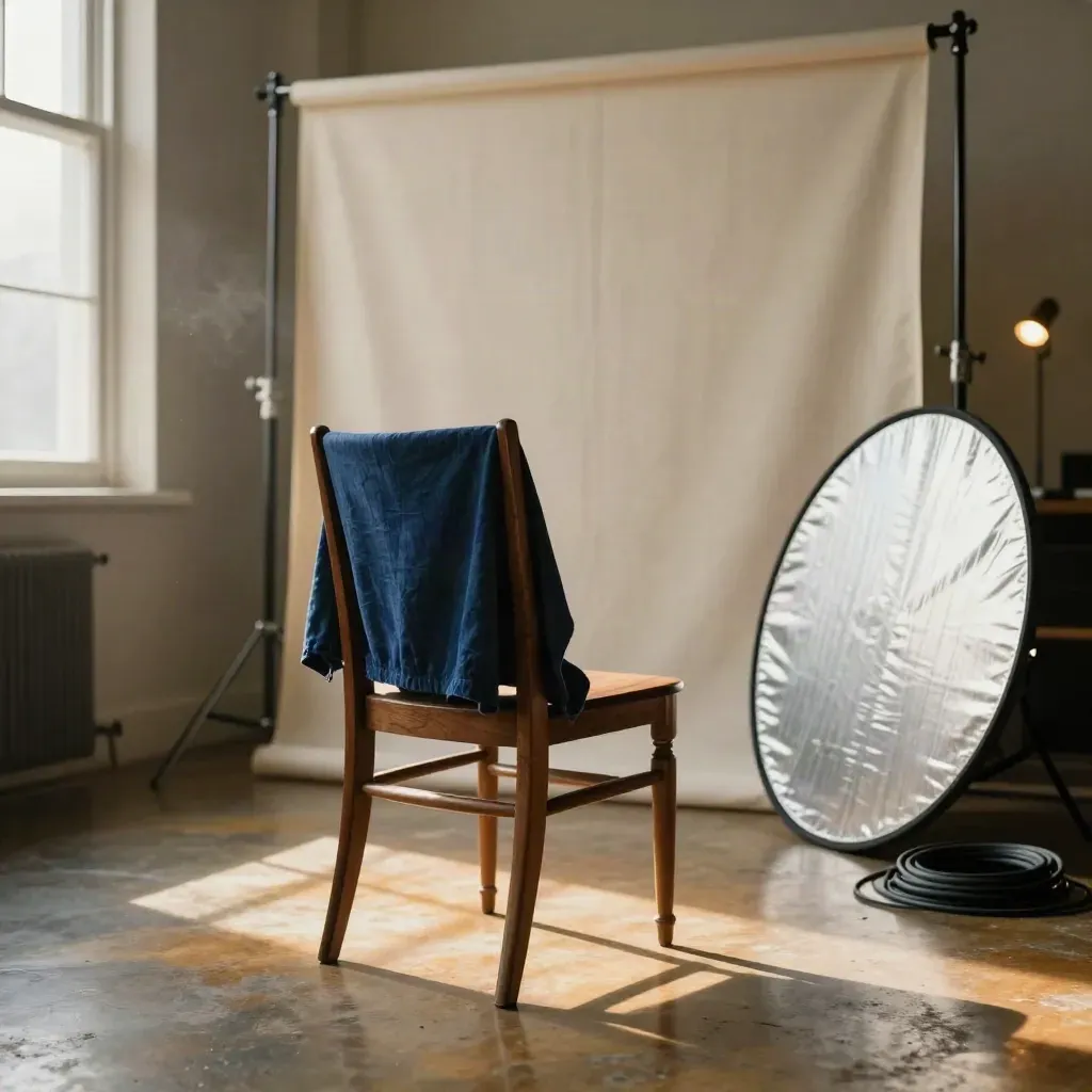 Empty portrait chair, seamless backdrop and reflector in a warm founder photo studio at sunset.