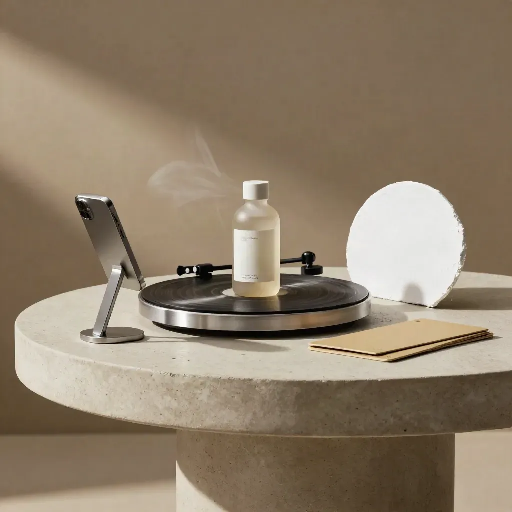 Spinning product turntable with pedestal, phone stand, and bounce cards in soft daylight.