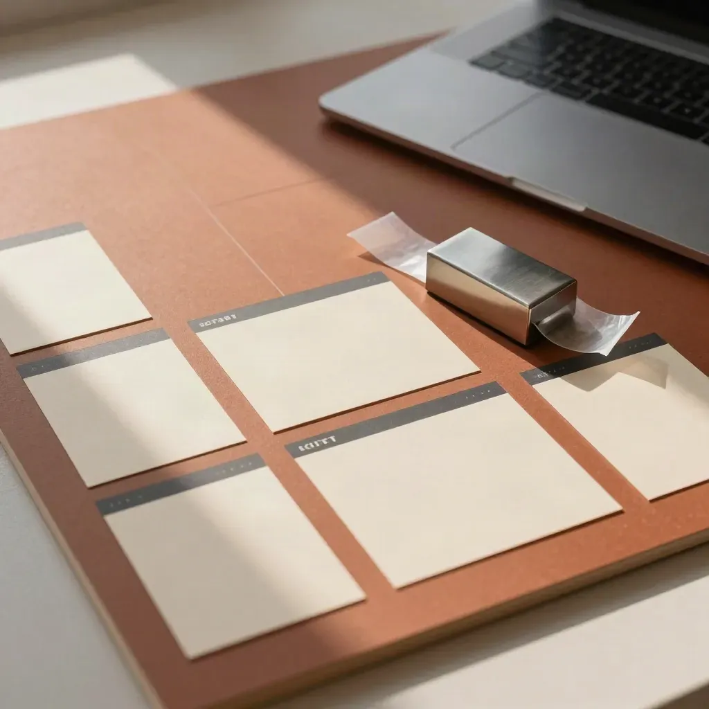 Top-down layout board with blank section cards, angled laptop, tape, and paperweight on a terracotta surface