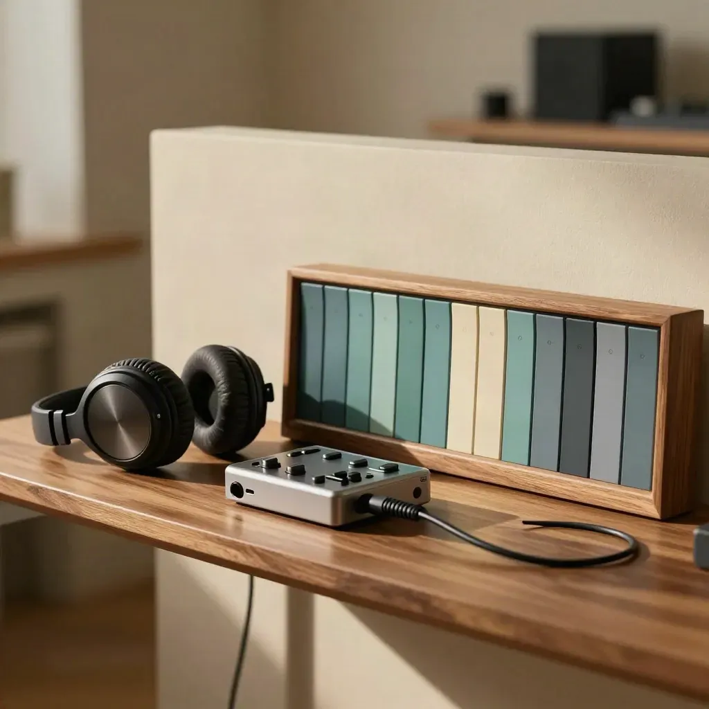 Headphones, recorder and teal tabs on an oak edit shelf in warm window light.