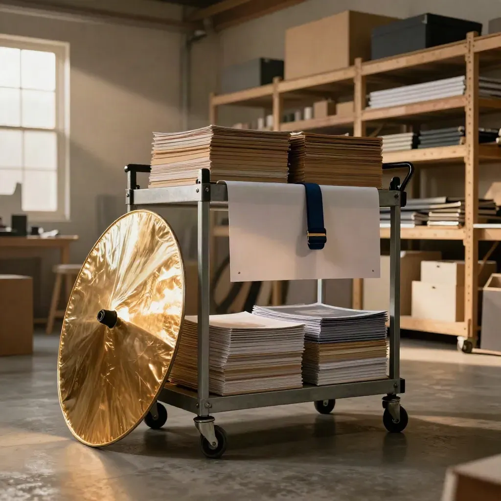 Studio cart with backdrop rolls, reflector discs, and print proofs in a hazy warehouse corridor.