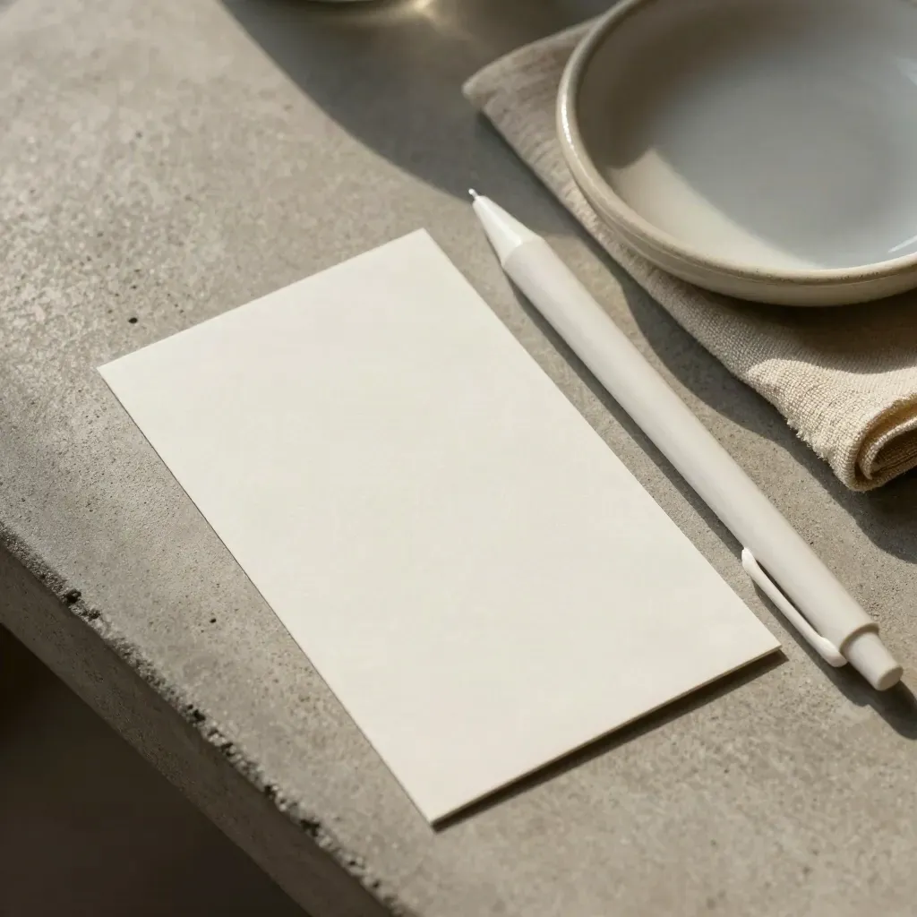 Overhead of blank cards, a white pen, ceramic dish, and folded linen on concrete.