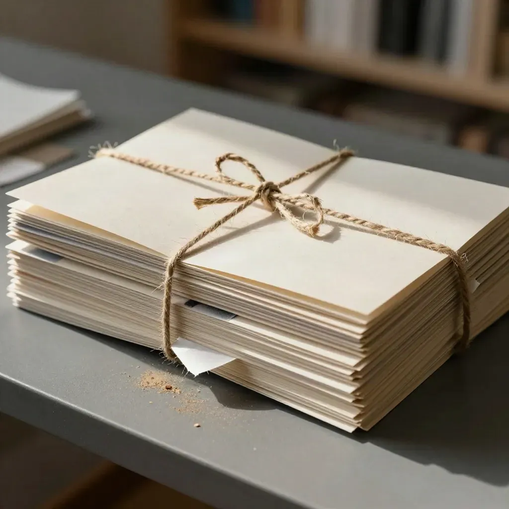 Stack of campaign sleeves and swatches tied with twine on a graphite bench.