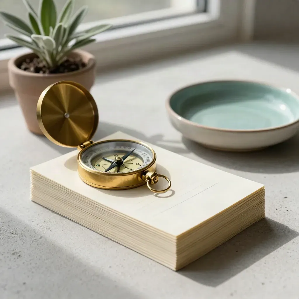 Brass compass on strategy cards beside a small plant and ceramic dish on pale concrete.