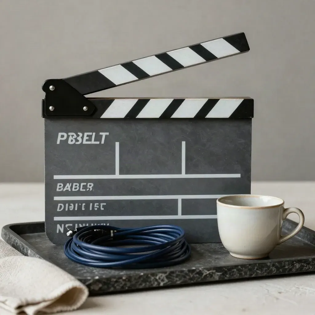 Closed clapperboard, coiled cable and ceramic cup on a stone tray in soft studio light