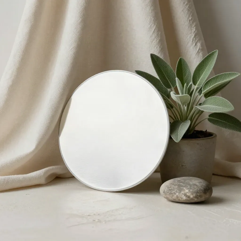 White reflector disc with folded backdrop fabric, plant, and stone paperweight on plaster