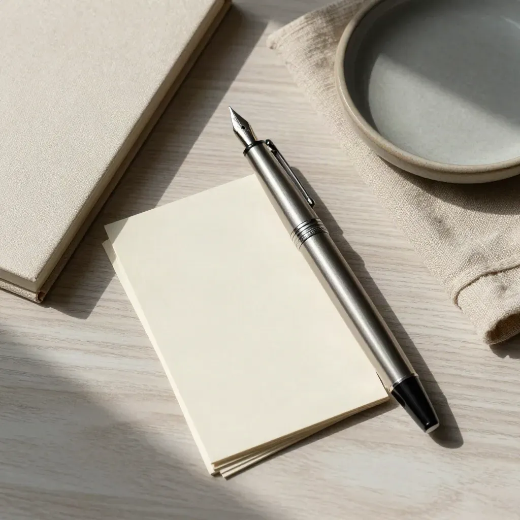 Top-down still life of a fountain pen, blank cards, notebook and slate dish on pale wood.